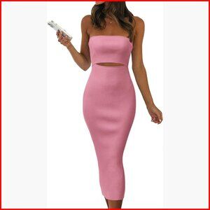 Strapless Midi Bodycon Dress, Knit Tube Cutout Fitted Summer Dress